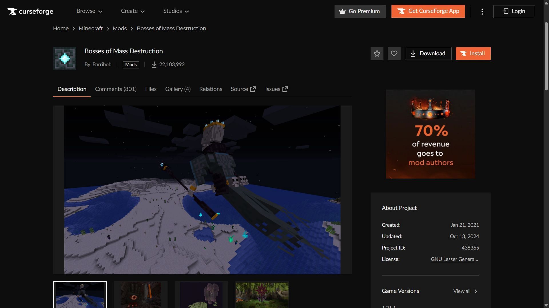 Bosses of Mass Destruction mod can be downloaded from the CurseForge website (Image via CurseForge/ Barribob)